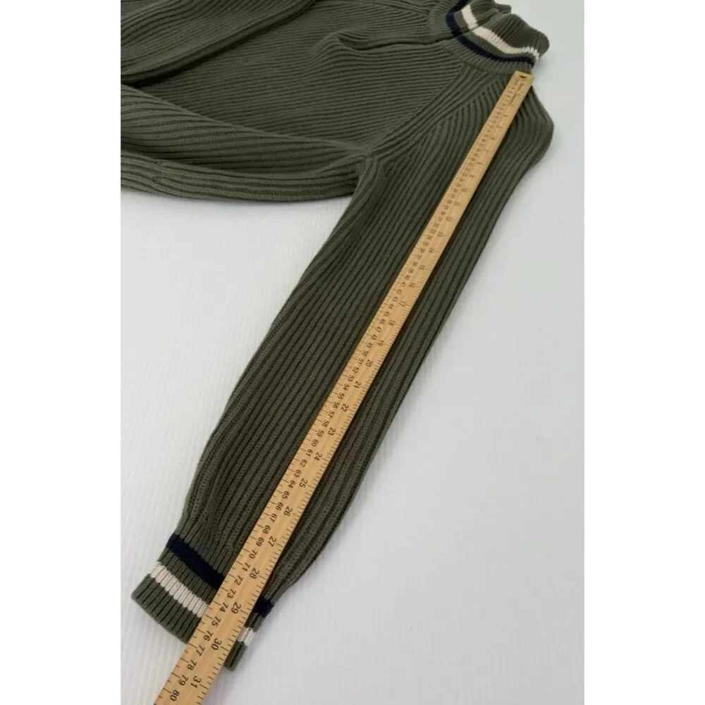 J CREW Knit Sweater Men M Green Ribbed Half-Zip Varsity Stripe Trim Cotton BC592